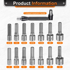 sourcing map 16pcs Power Nut Driver Drill Bit Set 3/16"-7/16" 5-12mm Metric SAE 6-Point Drill Socket 1/4" Hex Shank with L-Shaped Manual Wrench and Storage Bag