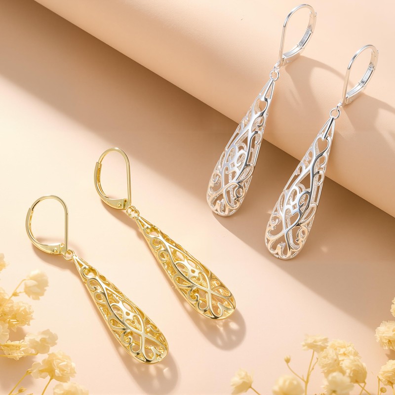 Silver Long Filigree Teardrop Dangle Earrings for Women