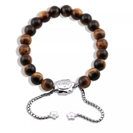 CHC Fine Jewelry Women's 8mm Natural Tiger's Eye Bead Bracelet Adjustable size Sterling 925