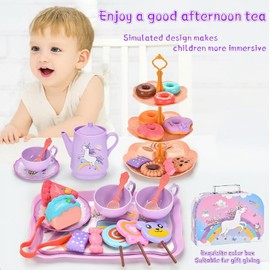 44Pcs Unicorn Tea Party Set for Little Girls, Pretend Plastic Teapot Set, Princess Tea Time Play Kitchen Toy with Dessert, Carrying Case for Birthday Kids Toddlers Age 3 4 5 6