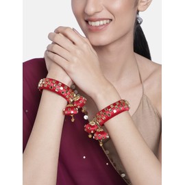 Aheli Red Indian Traditional Kada Bangle Bracelet with 2 Hangings Wedding Engagement Jewelry Gift for Women Bangle Size 2.6"