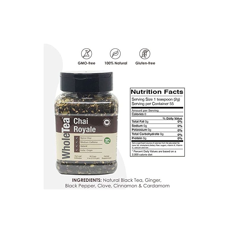 WHOLETEA Natural Chai Royale, 4 oz(113.5 gm) Full Leaf Gourmet