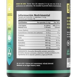 Mezcla de Boswelia y Quercetina 180 cápsulas. Antihistamínico Natural. 1400 mg por porción. Adicionado con Vitamina C y Zinc. Ingredientes Naturales. 
