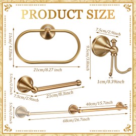 Otoolling 4 Pcs Antique Brass Bathroom Accessories Set Wall-Mounted Brass Towel Rack & Towel Ring & Toilet Paper Holder & Robe Hook, Wall Mounted Gold Vintage Bath Hardware Fixture Set