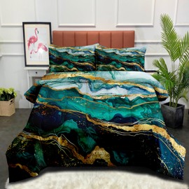 CCoutueChen Emerald Green Marble Comforter Set Twin Size Gold Glitter Abstract Watercolor Tie-dye Marbling Texture Bedding Set,3 Pcs Lightweight Summer Comforter for Kids Teens Adult Bedroom