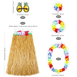 ADXCO 18 Pack Brown Hawaiian Grass Hula Skirt Costume Accessory Set Adult Women Men Luau Costume Hibiscus Leis Pineapple Glasses Aloha Tropical Party Decorations for Summer Party