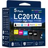 LC201XL Ink Cartridges 5-Pack Replacement for Brother LC201 XL, 2BK/C/M/Y