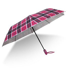 8-Rib Three-Fold Automatic Silver Umbrella, Sun and Rain Dual-Use - Plaid Pattern (Pink)