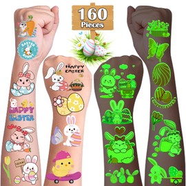 160Pcs Easter Glow Temporary Tattoos Stickers for kids，Easter Party Favors Decoration and Basket Stuffers，Cute Surprise Easter Egg Fillers Gifts