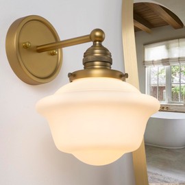 Teqinchy Brass Vintage Wall Sconce Modern Wall Mounted Lamp with Milk Top Glass Bathroom Vanity Wall Light Fixtures for Living Room Bedroom Kitchen Bedside Hallway Stairway E26 Hardwire Indoor