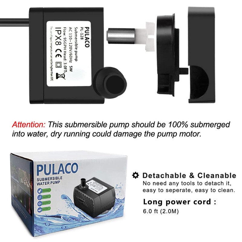 PULACO 95GPH 5W Mini Submersible Water Pump for Aquarium Fish
