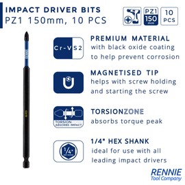 10 x Rennie Tools 150mm Long PZ1 Impact Driver Bits Set Heavy Duty PoziDriv POZI No.1 Magnetic Screwdriver Bit Set PZ1 Impact Driver Bits Pozidriv Screw Accessories