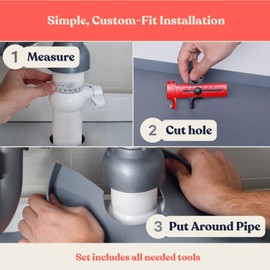 3 in 1 SET: Under Sink Mat with Cutout for Pipes - Cut to Size Under Sink Mat 34x22'' - Cut to Fit Sink Mats - Waterproof Under Kitchen Sink Mats and Protectors - Under Sink Silicone Mat