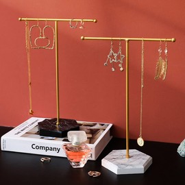 Marble T Shape Jewelry Holder, Metal T Shape Earring Display Stand Holder Jewelry Organizer for Necklaces Bracelet Earrings Ring