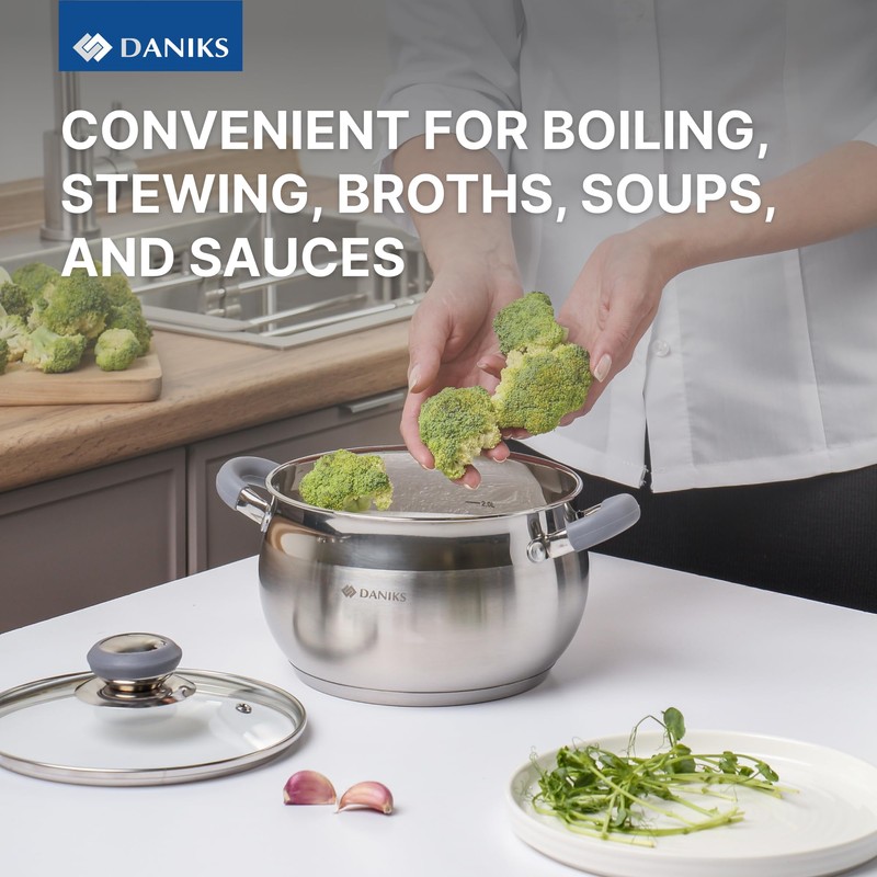 Daniks Modern 6-Piece Stainless Steel Cookware Set with Glass Lids,