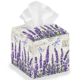 DELORIGIN Lavender Tissue Box Holder, Flower Square Tissue Box Cover Foldable Tissue Storage Box Waterproof Paper Towel Case Container Organizer Tissue Box Holder for Bedroom Bathroom Car Nightstand