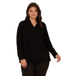 Adrianna Papell Women's Plus Size Knit Utility Top with Long Sleeves and Chest Pockets, Black