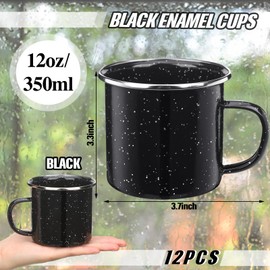 12 Pcs Enamel Camping Mugs Small Coffee Mugs Cups Portable Vintage Tea Cups Campfire Camping Mugs Bulk with Handle for Coffee Tea Home Picnic Travel Indoor and Outdoor Activities,12 oz (Black)