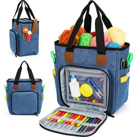 Bolsa de Tejer, Organizadora para Crochet y Hilos (Azul Denim) | Almacenamiento de Hilos con Múltiples Bolsillos, Asa de Transporte de Tela Oxford par