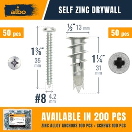 ALBO #6 Zinc Self-Drilling Drywall Anchors, 100PC Set – Includes 50 Heavy Duty Sheetrock Anchors & 50#6 x 1-1/4'' Screws – 75LB Capacity for Hanging and Mounting