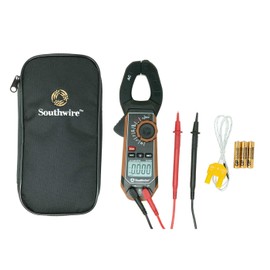 Southwire 21510N clamp meter, third-hand test probe holder, 400A AC current range, CAT III 600V safety rating, built-in non-contact voltage detector, 5 year warranty, Black Brown