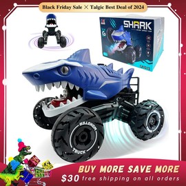 Remote Control Dinosaur Animal Toy, Spinosaurus and T-rex, swift movement & water spray, gift for boys:_Shark Stunt car with music