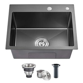 ROVOGO 20x16x9 inch Top Mount Single Bowl Kitchen Sink with 2 Hole, 304 Stainless Steel Handmade Drop-in Bar Prep Small Sink with Basket Strainer, Black