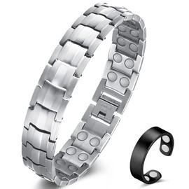 Vicmag Men Magnetic Bracelets Titanium Steel Magnet Bracelet Ultra Strength Double Row Wristband Brazaletes with Adjustment Tool & Gift Box (Silver)