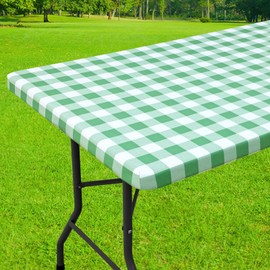 Smiry Rectangle Picnic Table Cloth, Elastic Waterproof Fitted Vinyl Tablecloths, Flannel Backed Buffalo Plaid Table Covers for Dining, Camping, Outdoor (Sage Green and White, 30" x 48")
