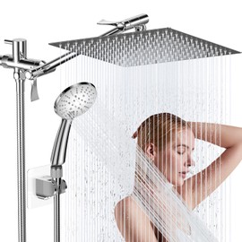 Jasinber Regaderas para Baño de Lluvia de Alta Presión de 8 "/ ducha de mano, con brazo de extensión de 11 '', cabezal de ducha ajustable con soporte, manguera de 1,5 m (Cromo)