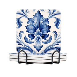 BaHomeck Drinking Coasters With Holder Set of 4 Water Absorbent Blue Watercolor Texture Elements China Flower Ceramic Coaster Tabletop Protection (Cork Base),Suitable for Various Cup,Home Decor,4 Inch