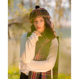 UMAM Scottish Traditional Set of Tam o' Shanter Flat Bonnet, Acrylic Wool Kilt Hat and Scarf in Many Tartans (Black Stewart)