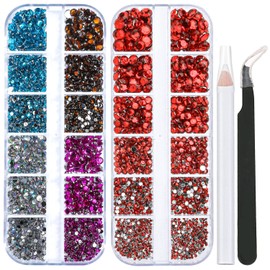 2 Packs of Flatback Rhinestones 5660 Pcs Colorful Nail Art Rhinestones Flatback Crystal Colorful with Picker Pencil and Tweezer for Nail Art and Decoration (10- Red & Mixed Color)