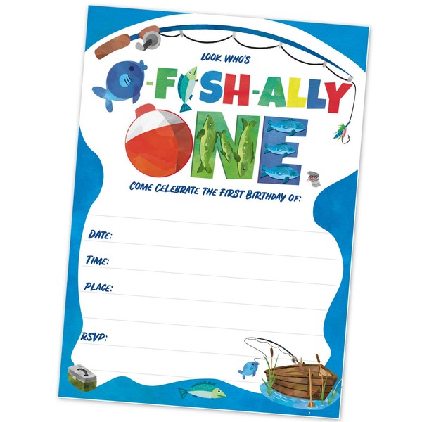 oFISHally ONE Birthday Invitations (20 Count with Envelopes) - Fishing First Birthday Party Invites for Boys - 1st Birthday Kids Announcements