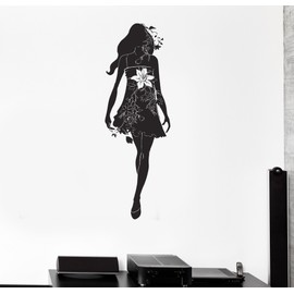 Large Wall Decal Silhouette Beautiful Girl Dress Flowers Vinyl Stickers (ig2848) White