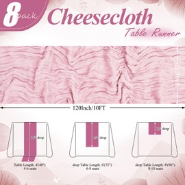 Cheesecloth Table Runner 10FT Long Boho Gauze Fabric Table Runner Vintage Rustic Sheer Runners for Wedding Party Bridal Baby Shower Table Decorations (Light Pink, 8 Packs)