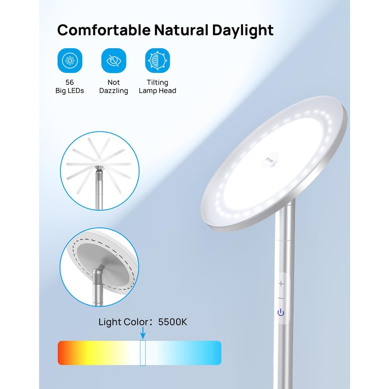 TROND Floor Lamp, LED Torchiere Uplight Lamp, 5 Brightness Aluminum