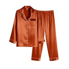 Ekouaer Women Satin Pajamas Set Classic Button Down Long Silk Pjs Set,Large,Caramel