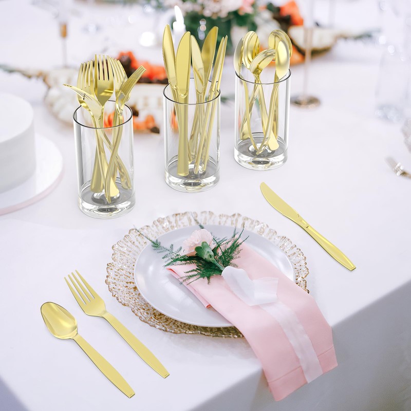 Dealusy 300 Count Extra Heavy Duty Gold Plastic Silverware, 100