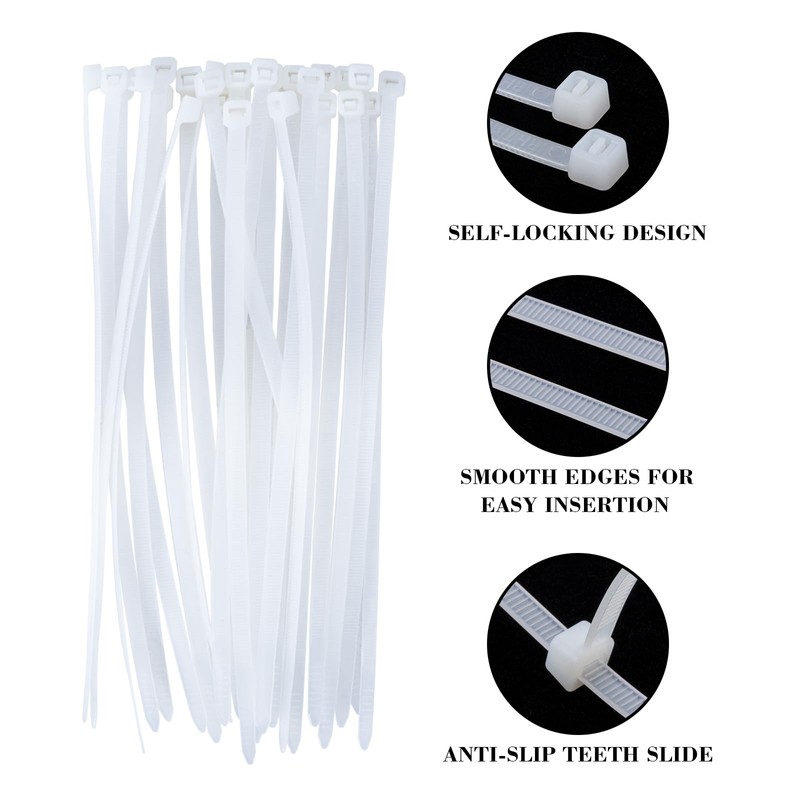 200 Pack of White Cable Ties, 200mm x 3.6mm, 8"