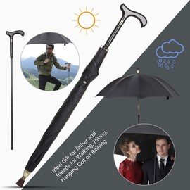 2-in-1 Walking Sticks Umbrella - Windbreak Ribs Walking Cane Crutch Self Protection Umbrella Heavy Duty Solid Tungsten Steel - Ideal Father's Gift for Climbing, Hiking,Rain (Classic:Black)