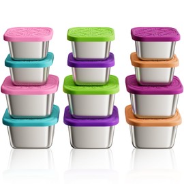 Osfel 12Pack 6oz Stainless Steel Snack Containers and 2oz Salad Dressing To Go Containers with Silicone Lids, Reusable Square Meal Prep Condiment Sauce Containers Lunch Box Accessories