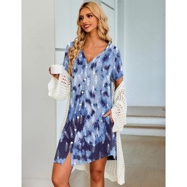 Ekouaer Women's Nightdress Ladies Soft Nighties V-Neck Nightshirts Short Sleeve Sleep Dress Button Nightgown Sleepwear Blue M