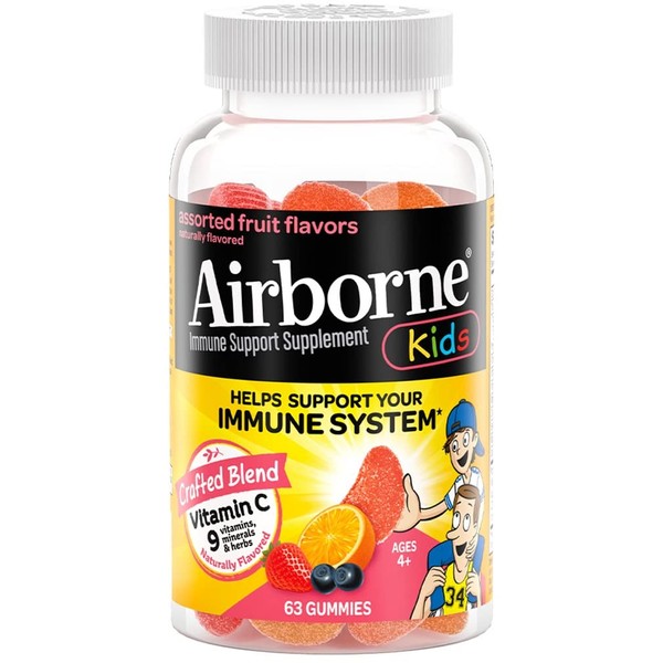 Airborne Kids 500mg Vitamin C Gummies, Kids Immune Support Zinc Gummies with Powerful Antioxidants VIT C & E - 63 Gummies, Assorted Fruit Flavor (Pack of 2)