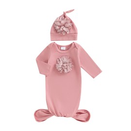 Kavousa Newborn Sleeping Bag Baby Sleep Sack Cap Knotted Gown With Hat Set For Boys Girls Unisex Baby Essentials (G Pink, 0-3 Months)