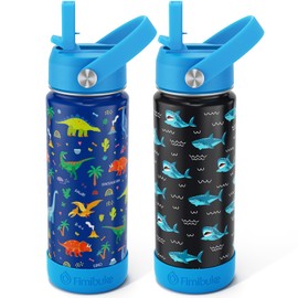 Fimibuke Kids Insulated Water Bottle, 18oz BPA FREE Kids Cups with Straw Double Wall Vacuum Tumbler 18/8 Stainless Steel Leak Proof Toddler Water Bottle for School Boys Girls (2 Pack, Dinosaur/Shark)