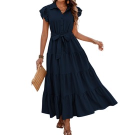 dowerme Women's Summer Casual Dresses 2025 Cap Ruffle Sleeve V Neck Button Belted Tiered Boho Maxi Dress with Pockets(Navy,X-Large)