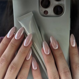 24PCS Long Almond Nude Aurora Press On Nails - Breathable & Cathedral Glass Shine | Hypoallergenic Black Tie, Wedding Ready