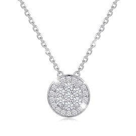 SAVORI 925 Sterling Silver Round Pave Cubic Zirconia Pendant Necklace, Dainty CZ Disc Necklace for Women Gift, 18K Gold Plated