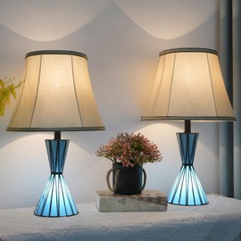 NUODITOS Blue Glass Table Lamps Set of 2 for Living Room 3-Way Dimmable Bedside Desk Lamps with 13 inches White Shade for Living Room Home Office - 2 LED Bulbs Included